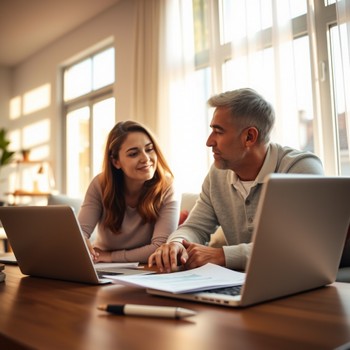 A man and woman sit at a table, each using a laptop, engaged in conversation and collaboration about an adjustable rate mortgage