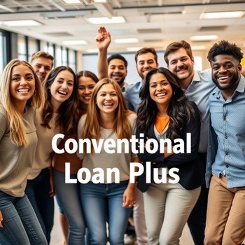 Conventional Loan Plus graphic featuring a house and financial icons, representing mortgage options and benefits.