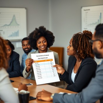 A group of business professionals in a meeting room, celebrating a home buyer's loan down payment with a chart in view.  