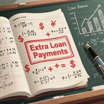 A book with a highlighted page labeled "Extra Loan Payments," featuring advice on how to make extra payments on loans.