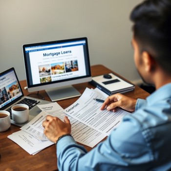 Man sitting at a desk, using his laptop to see if he can get an FHA loan if he has a conventional loan