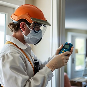 A man in a protective mask checks a home's temperature with a thermometer during a home inspection.