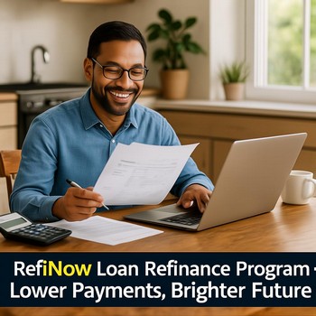 Smiling homeowner reviews his RefiNow application, excited about lower payments and a brighter financial future